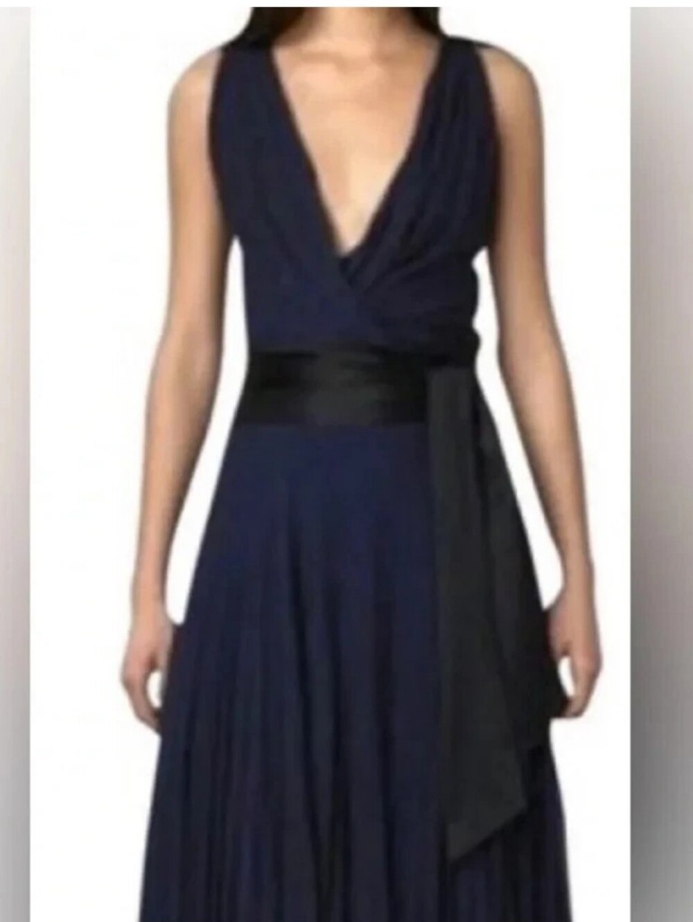 Diane Von Furstenberg 100% Silk Navy & Black Sleeveless Wrap Midi Dress Size 10
